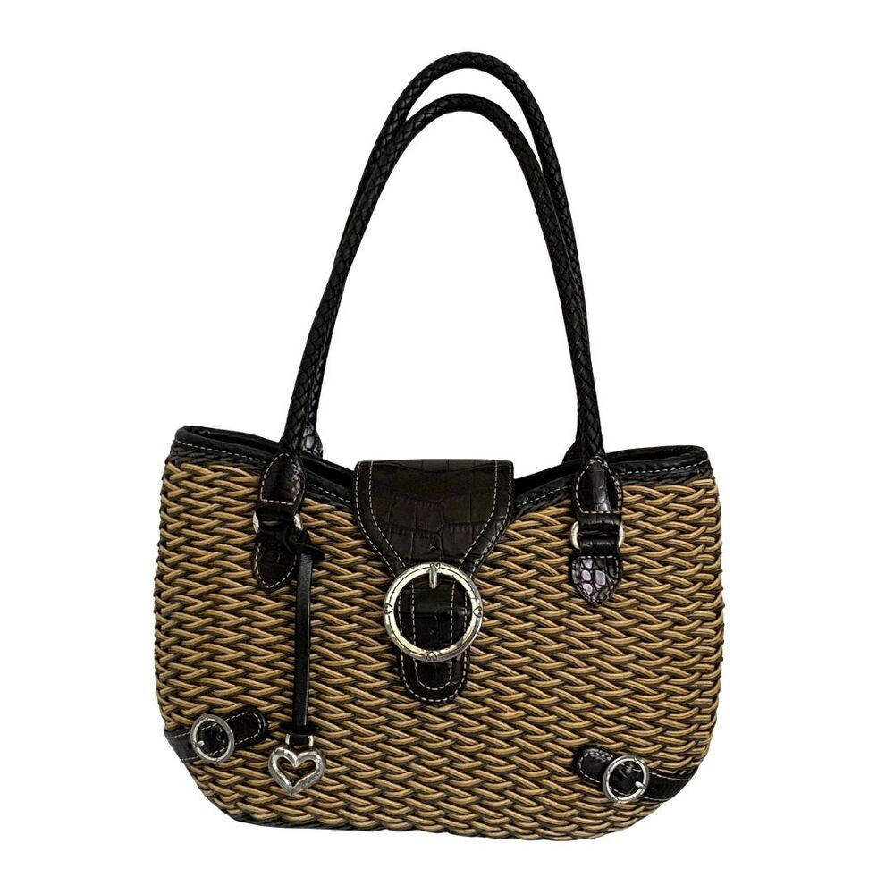Brighton Woven Straw Tote Brown Black Croc Embossed Trim Heart Charm